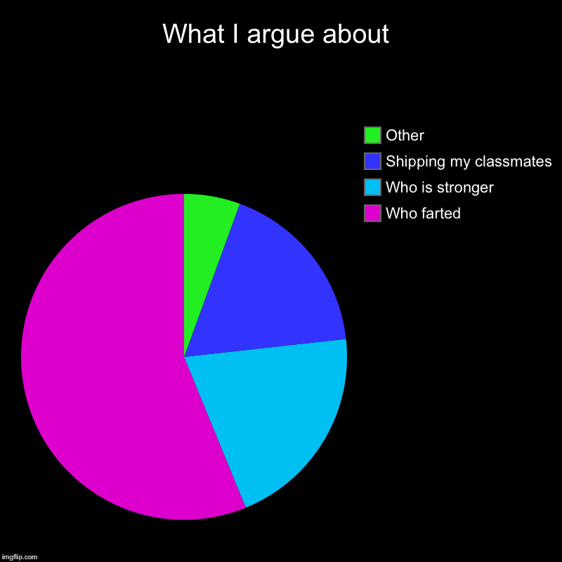What I argue about | Who farted, Who is stronger, Shipping my classmates, Other | image tagged in charts,pie charts | made w/ Imgflip chart maker