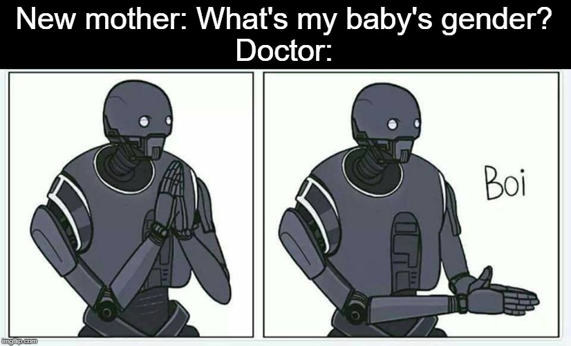 Boi(y) | New mother: What's my baby's gender?
Doctor: | image tagged in boi robot,boy,gender,mom | made w/ Imgflip meme maker