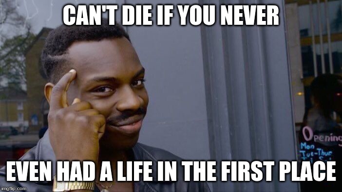 Roll Safe Think About It | CAN'T DIE IF YOU NEVER; EVEN HAD A LIFE IN THE FIRST PLACE | image tagged in memes,roll safe think about it | made w/ Imgflip meme maker