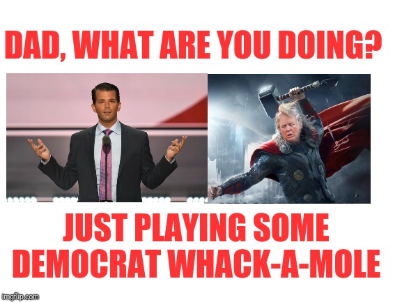 Don't start nuthin, won't be nuthin. | DAD, WHAT ARE YOU DOING? JUST PLAYING SOME DEMOCRAT WHACK-A-MOLE | image tagged in trump thor | made w/ Imgflip meme maker