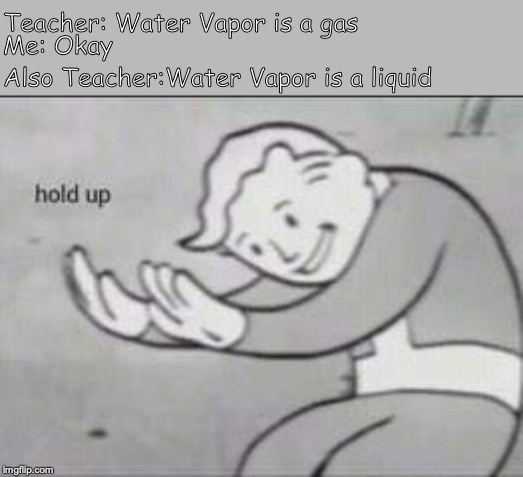 Fallout Hold Up | Me: Okay; Teacher: Water Vapor is a gas; Also Teacher:Water Vapor is a liquid | image tagged in fallout hold up | made w/ Imgflip meme maker