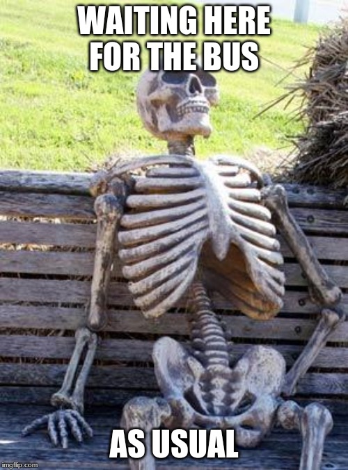 Waiting Skeleton | WAITING HERE FOR THE BUS; AS USUAL | image tagged in memes,waiting skeleton | made w/ Imgflip meme maker