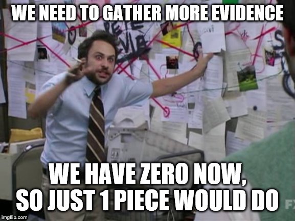 Charlie Day | WE NEED TO GATHER MORE EVIDENCE WE HAVE ZERO NOW, SO JUST 1 PIECE WOULD DO | image tagged in charlie day | made w/ Imgflip meme maker