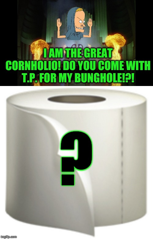 THE CORNHOLIO OF OZ! | I AM THE GREAT CORNHOLIO! DO YOU COME WITH T.P. FOR MY BUNGHOLE!?! ? | image tagged in cornholio,wizard of oz,toilet paper | made w/ Imgflip meme maker