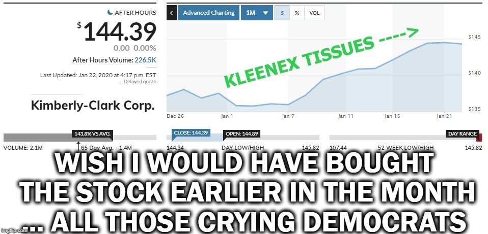 Crying Democrats Are Very Profitable | WISH I WOULD HAVE BOUGHT
 THE STOCK EARLIER IN THE MONTH
... ALL THOSE CRYING DEMOCRATS | image tagged in kleenex,tissues,crying,democrats,stock | made w/ Imgflip meme maker