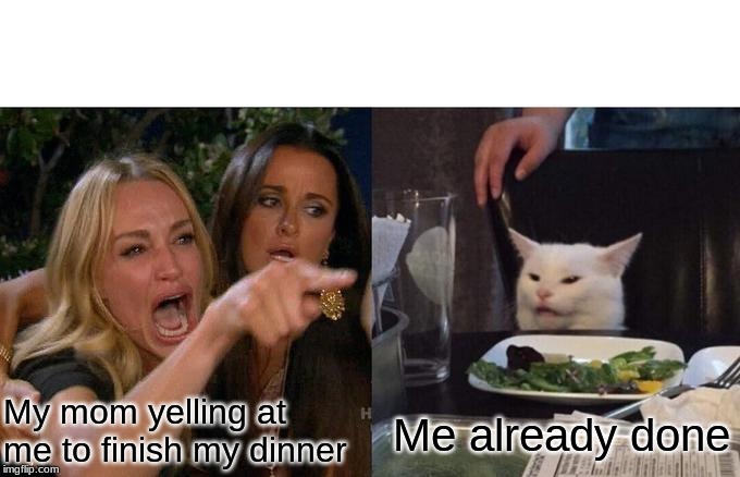 Woman Yelling At Cat Meme | My mom yelling at me to finish my dinner; Me already done | image tagged in memes,woman yelling at cat | made w/ Imgflip meme maker