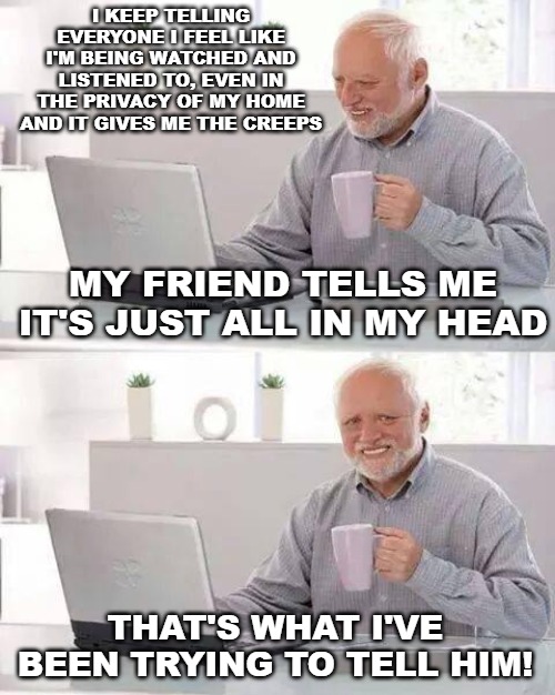 Hide the Pain Harold | I KEEP TELLING EVERYONE I FEEL LIKE I'M BEING WATCHED AND LISTENED TO, EVEN IN THE PRIVACY OF MY HOME AND IT GIVES ME THE CREEPS; MY FRIEND TELLS ME IT'S JUST ALL IN MY HEAD; THAT'S WHAT I'VE BEEN TRYING TO TELL HIM! | image tagged in memes,hide the pain harold | made w/ Imgflip meme maker