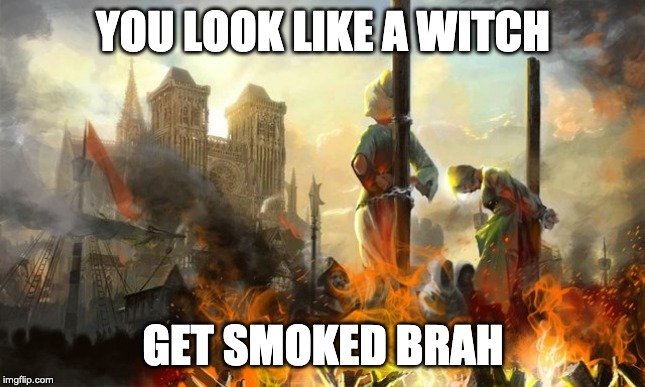 witch burning | YOU LOOK LIKE A WITCH; GET SMOKED BRAH | image tagged in witch burning | made w/ Imgflip meme maker