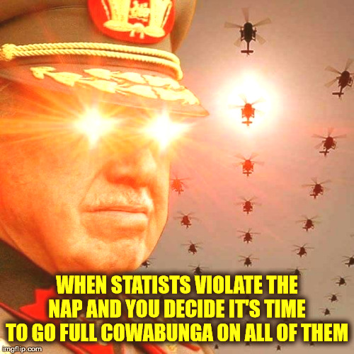 When Statists Violate the NAP, it's time to Cowabunga! | WHEN STATISTS VIOLATE THE NAP AND YOU DECIDE IT'S TIME TO GO FULL COWABUNGA ON ALL OF THEM | image tagged in pinochet intensifies,physical removal,cowabunga it is | made w/ Imgflip meme maker