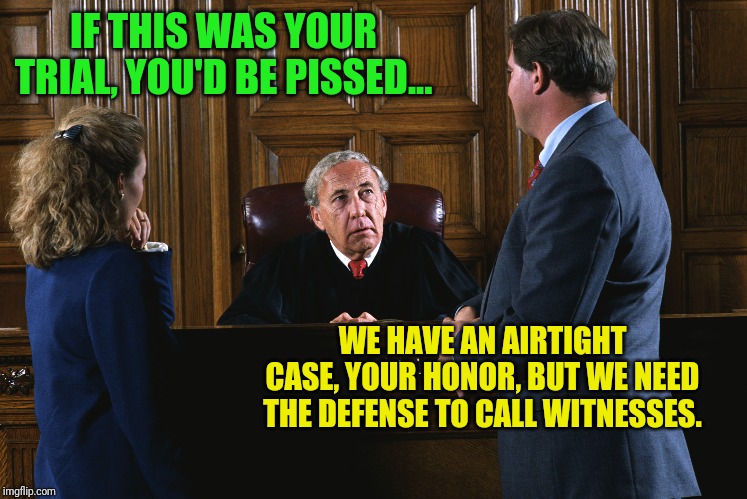 Impeachment Blunder | IF THIS WAS YOUR TRIAL, YOU'D BE PISSED... WE HAVE AN AIRTIGHT CASE, YOUR HONOR, BUT WE NEED THE DEFENSE TO CALL WITNESSES. | image tagged in politics,donald trump | made w/ Imgflip meme maker