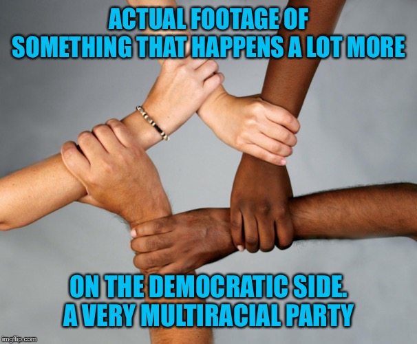 For some strange reason, Republicans only get super excited about multiracialism in the context of Candace Owens. | ACTUAL FOOTAGE OF SOMETHING THAT HAPPENS A LOT MORE; ON THE DEMOCRATIC SIDE. A VERY MULTIRACIAL PARTY | image tagged in stronger together,racial harmony,no racism,democratic party,racism,republicans | made w/ Imgflip meme maker