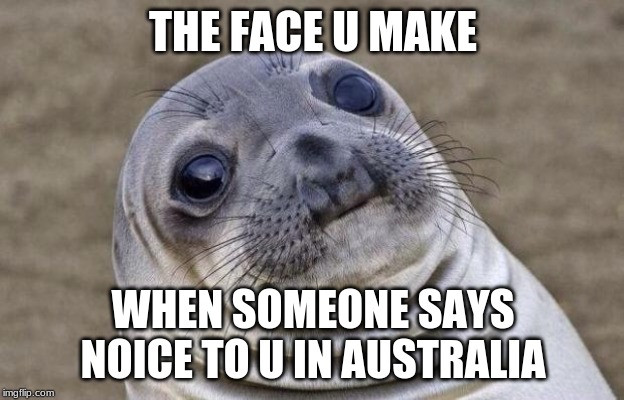 Awkward Moment Sealion Meme | THE FACE U MAKE WHEN SOMEONE SAYS NOICE TO U IN AUSTRALIA | image tagged in memes,awkward moment sealion | made w/ Imgflip meme maker