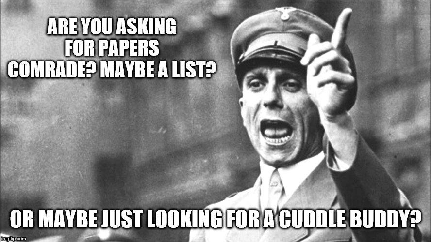 Goebbels | ARE YOU ASKING FOR PAPERS COMRADE? MAYBE A LIST? OR MAYBE JUST LOOKING FOR A CUDDLE BUDDY? | image tagged in goebbels | made w/ Imgflip meme maker