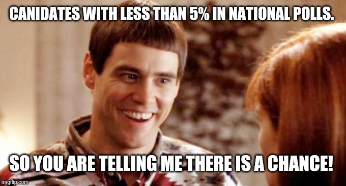 Telling me theres a chance? | CANIDATES WITH LESS THAN 5% IN NATIONAL POLLS. SO YOU ARE TELLING ME THERE IS A CHANCE! | image tagged in telling me theres a chance | made w/ Imgflip meme maker