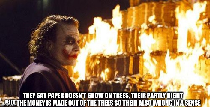 Joker Burns Money | THEY SAY PAPER DOESN'T GROW ON TREES, THEIR PARTLY RIGHT BUT THE MONEY IS MADE OUT OF THE TREES SO THEIR ALSO WRONG IN A SENSE | image tagged in joker burns money | made w/ Imgflip meme maker