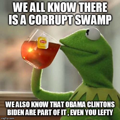 But That's None Of My Business Meme | WE ALL KNOW THERE IS A CORRUPT SWAMP; WE ALSO KNOW THAT OBAMA CLINTONS BIDEN ARE PART OF IT , EVEN YOU LEFTY | image tagged in memes,but thats none of my business,kermit the frog | made w/ Imgflip meme maker