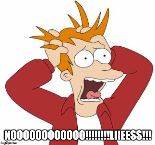 Fry Freaking Out | NOOOOOOOOOOOO!!!!!!!!LIIEESS!!! | image tagged in fry freaking out | made w/ Imgflip meme maker