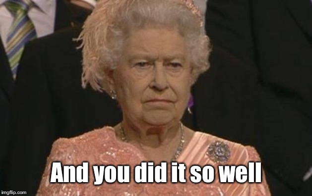 Queen Elizabeth London Olympics Not Amused | And you did it so well | image tagged in queen elizabeth london olympics not amused | made w/ Imgflip meme maker