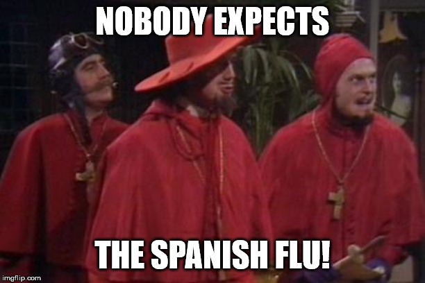 Nobody Expects the Spanish Inquisition Monty Python | NOBODY EXPECTS; THE SPANISH FLU! | image tagged in nobody expects the spanish inquisition monty python | made w/ Imgflip meme maker