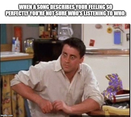 Joey  |  WHEN A SONG DESCRIBES YOUR FEELING SO PERFECTLY YOU'RE NOT SURE WHO'S LISTENING TO WHO: | image tagged in joey | made w/ Imgflip meme maker