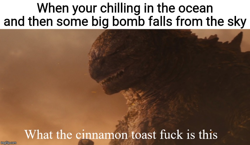 What the cinnamon toast f*ck is this Godzilla | When your chilling in the ocean and then some big bomb falls from the sky | image tagged in what the cinnamon toast fck is this godzilla | made w/ Imgflip meme maker