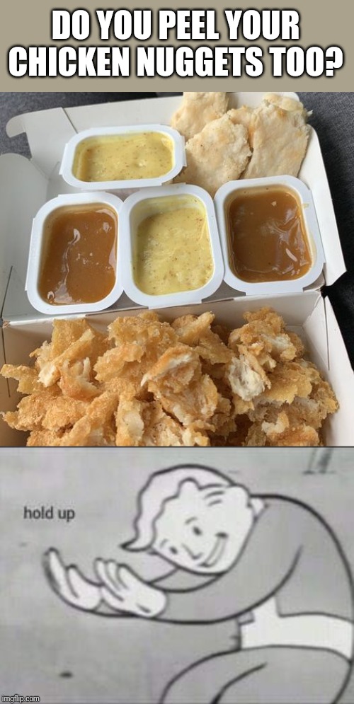 DO YOU PEEL YOUR CHICKEN NUGGETS TOO? | image tagged in fallout hold up | made w/ Imgflip meme maker