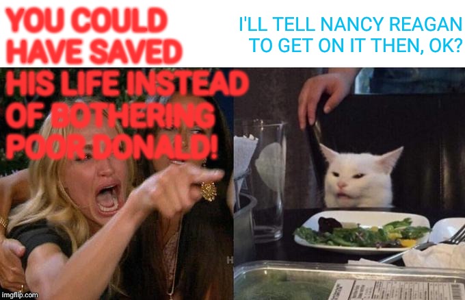 Woman Yelling At Cat Meme | YOU COULD HAVE SAVED HIS LIFE INSTEAD OF BOTHERING POOR DONALD! I'LL TELL NANCY REAGAN TO GET ON IT THEN, OK? | image tagged in memes,woman yelling at cat | made w/ Imgflip meme maker