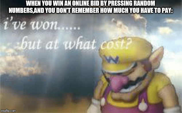 I've won but at what cost? | WHEN YOU WIN AN ONLINE BID BY PRESSING RANDOM NUMBERS,AND YOU DON'T REMEMBER HOW MUCH YOU HAVE TO PAY: | image tagged in i've won but at what cost | made w/ Imgflip meme maker