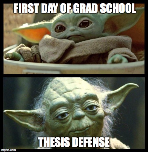 baby yoda | FIRST DAY OF GRAD SCHOOL; THESIS DEFENSE | image tagged in baby yoda | made w/ Imgflip meme maker