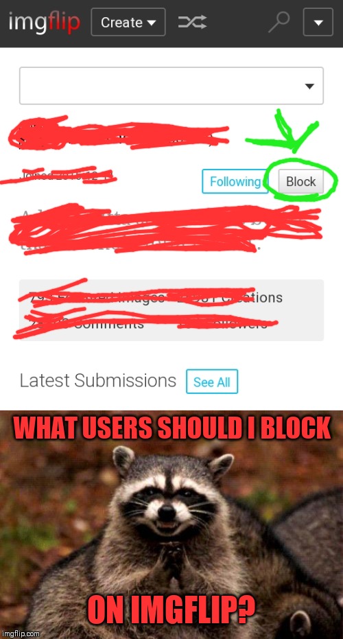 Imgflip added the option to block users.  ;) | WHAT USERS SHOULD I BLOCK; ON IMGFLIP? | image tagged in memes,evil plotting raccoon,imgflip users,44colt,new feature,block | made w/ Imgflip meme maker