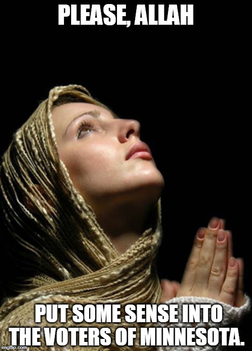Woman Praying | PLEASE, ALLAH PUT SOME SENSE INTO THE VOTERS OF MINNESOTA. | image tagged in woman praying | made w/ Imgflip meme maker