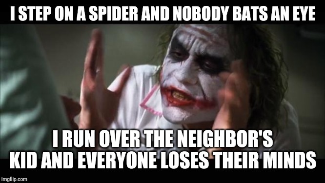 And everybody loses their minds | I STEP ON A SPIDER AND NOBODY BATS AN EYE; I RUN OVER THE NEIGHBOR'S KID AND EVERYONE LOSES THEIR MINDS | image tagged in memes,and everybody loses their minds | made w/ Imgflip meme maker
