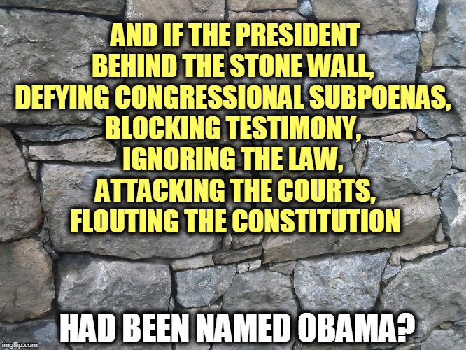 You understand that the precedents Trump sets will apply to the next President who won't be named Trump. And the one after that. | AND IF THE PRESIDENT BEHIND THE STONE WALL, 
DEFYING CONGRESSIONAL SUBPOENAS, 
BLOCKING TESTIMONY, 
IGNORING THE LAW, 
ATTACKING THE COURTS,
FLOUTING THE CONSTITUTION; HAD BEEN NAMED OBAMA? | image tagged in trump's stone wall,president,congress,constitution,supreme court,democrats | made w/ Imgflip meme maker