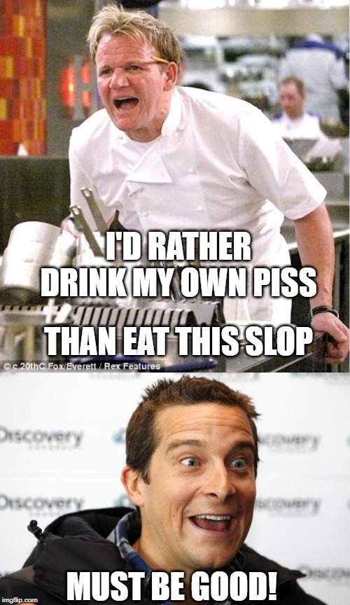I'D RATHER DRINK MY OWN PISS; THAN EAT THIS SLOP; MUST BE GOOD! | image tagged in memes,chef gordon ramsay,bear grylls approved food | made w/ Imgflip meme maker
