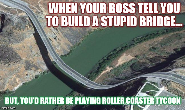 google earth fails | WHEN YOUR BOSS TELL YOU TO BUILD A STUPID BRIDGE... BUT, YOU'D RATHER BE PLAYING ROLLER COASTER TYCOON | image tagged in bridge,roller coaster,google maps | made w/ Imgflip meme maker