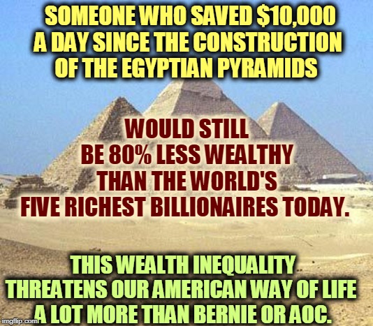 If you want to keep socialism out, you have to make capitalism work for all Americans. | SOMEONE WHO SAVED $10,000 A DAY SINCE THE CONSTRUCTION OF THE EGYPTIAN PYRAMIDS; WOULD STILL BE 80% LESS WEALTHY THAN THE WORLD'S FIVE RICHEST BILLIONAIRES TODAY. THIS WEALTH INEQUALITY THREATENS OUR AMERICAN WAY OF LIFE 
A LOT MORE THAN BERNIE OR AOC. | image tagged in pyramids,wealth,income inequality,threat,socialism,capitalism | made w/ Imgflip meme maker