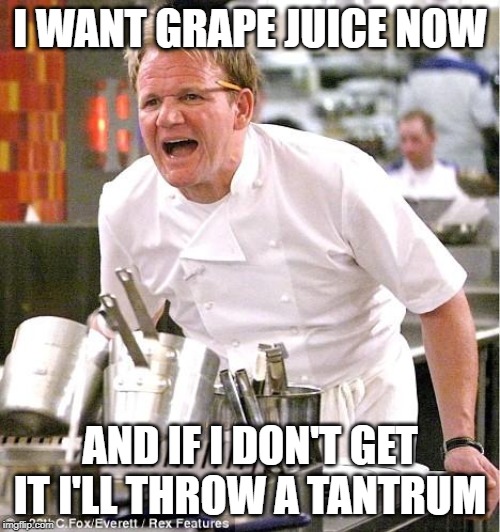 Chef Gordon Ramsay | I WANT GRAPE JUICE NOW; AND IF I DON'T GET IT I'LL THROW A TANTRUM | image tagged in memes,chef gordon ramsay | made w/ Imgflip meme maker