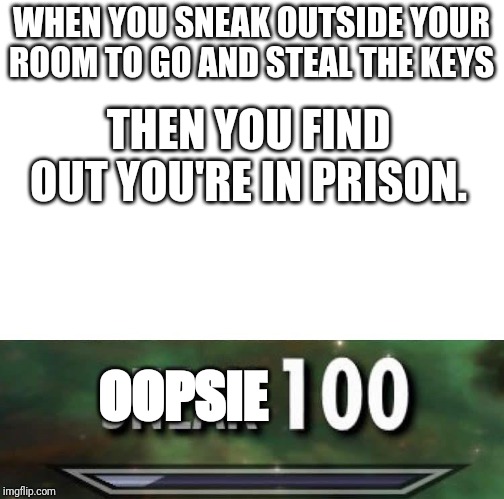 Sneak 100 | WHEN YOU SNEAK OUTSIDE YOUR ROOM TO GO AND STEAL THE KEYS; THEN YOU FIND OUT YOU'RE IN PRISON. OOPSIE | image tagged in sneak 100 | made w/ Imgflip meme maker