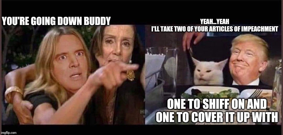 Schiff Pelosi Trump Cat | YOU'RE GOING DOWN BUDDY; YEAH...YEAH
I'LL TAKE TWO OF YOUR ARTICLES OF IMPEACHMENT; ONE TO SHIFF ON AND ONE TO COVER IT UP WITH | image tagged in schiff pelosi trump cat | made w/ Imgflip meme maker