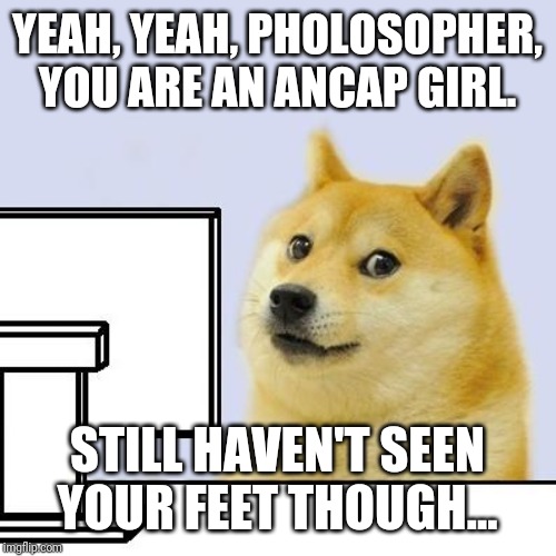 Hacker Doge | YEAH, YEAH, PHOLOSOPHER, YOU ARE AN ANCAP GIRL. STILL HAVEN'T SEEN YOUR FEET THOUGH... | image tagged in hacker doge | made w/ Imgflip meme maker