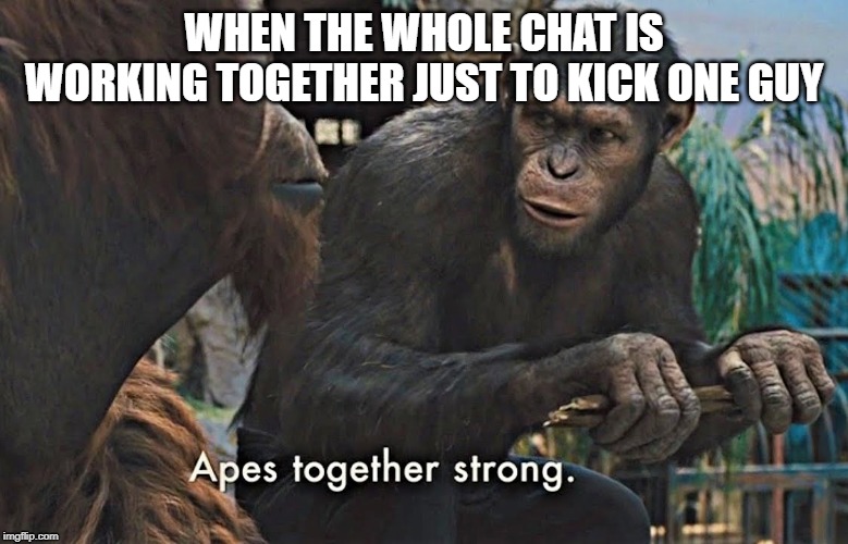 Apes Together Strong | WHEN THE WHOLE CHAT IS WORKING TOGETHER JUST TO KICK ONE GUY | image tagged in apes together strong | made w/ Imgflip meme maker
