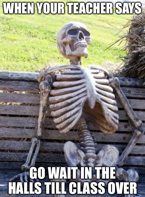 Waiting Skeleton | WHEN YOUR TEACHER SAYS; GO WAIT IN THE HALLS TILL CLASS OVER | image tagged in memes,waiting skeleton | made w/ Imgflip meme maker