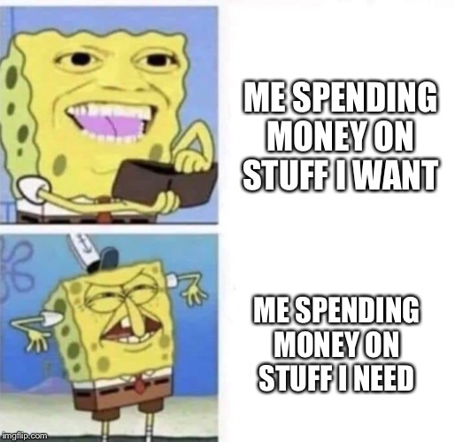 Spongebob wallet | ME SPENDING MONEY ON STUFF I WANT; ME SPENDING MONEY ON STUFF I NEED | image tagged in spongebob wallet | made w/ Imgflip meme maker