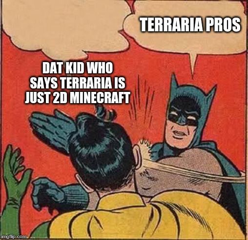 Batman Slapping Robin | TERRARIA PROS; DAT KID WHO SAYS TERRARIA IS JUST 2D MINECRAFT | image tagged in memes,batman slapping robin | made w/ Imgflip meme maker