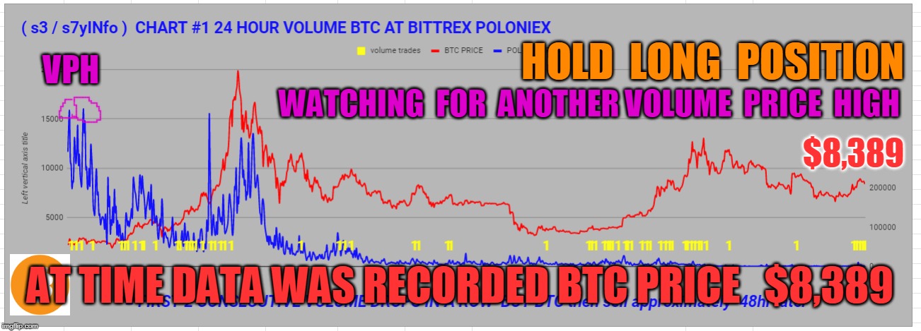 VPH; HOLD  LONG  POSITION; WATCHING  FOR  ANOTHER VOLUME  PRICE  HIGH; $8,389; AT TIME DATA WAS RECORDED BTC PRICE   $8,389 | made w/ Imgflip meme maker