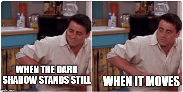 Joey from Friends | WHEN IT MOVES; WHEN THE DARK SHADOW STANDS STILL | image tagged in joey from friends | made w/ Imgflip meme maker