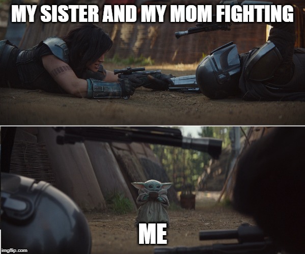 Mandalorian e4 | MY SISTER AND MY MOM FIGHTING; ME | image tagged in mandalorian e4 | made w/ Imgflip meme maker