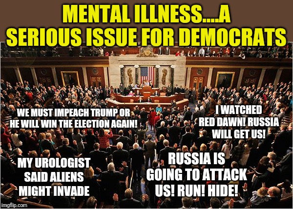 Thank you Democrats. We needed to bring mental illness out of the shadows anyway. But are any of you sane enough to work?? | MENTAL ILLNESS....A SERIOUS ISSUE FOR DEMOCRATS; WE MUST IMPEACH TRUMP OR HE WILL WIN THE ELECTION AGAIN! I WATCHED RED DAWN! RUSSIA WILL GET US! RUSSIA IS GOING TO ATTACK US! RUN! HIDE! MY UROLOGIST SAID ALIENS MIGHT INVADE | image tagged in congress | made w/ Imgflip meme maker