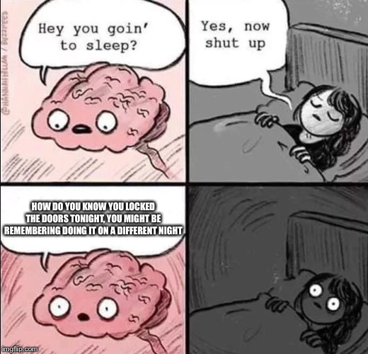 waking up brain | HOW DO YOU KNOW YOU LOCKED THE DOORS TONIGHT, YOU MIGHT BE REMEMBERING DOING IT ON A DIFFERENT NIGHT | image tagged in waking up brain | made w/ Imgflip meme maker