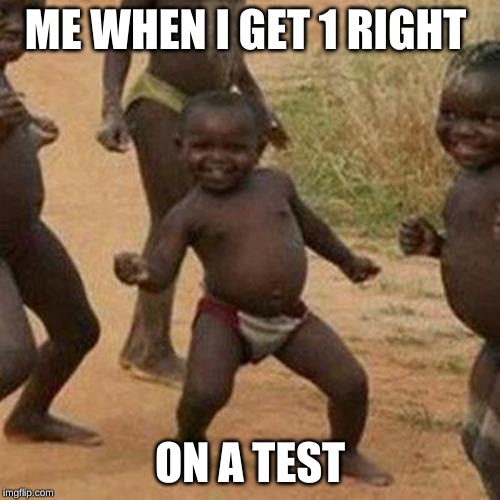 Third World Success Kid Meme | ME WHEN I GET 1 RIGHT; ON A TEST | image tagged in memes,third world success kid | made w/ Imgflip meme maker